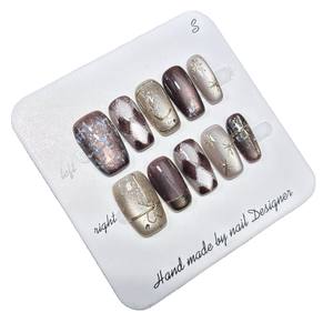 <span class=keywords><strong>Faux</strong></span> ongles de luxe faits à la main, réutilisables, effet œil de chat, motif Argyle marron, chrome doré 3D, à coller, pour la vente en gros - Product Image 6
