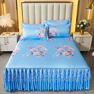 I-0216 Ice <b>Silk</b> Bedsheet Lace Summer Mat Parisian Style Sea of Flowers 3 Pieces 2 Pillow Cases+bed Skirt Sets - Product Image 4