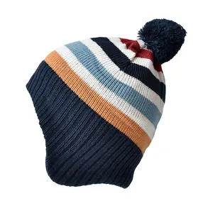 Wholesale Winter Kid Boys Girls Knitted Pompom Hat Toddler Babys Earflap Warm Beanie Custom Cute Knit Pattern Outdoor Ski Hat