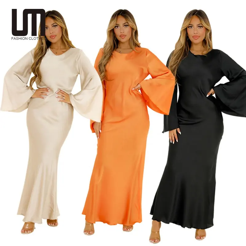 Liu Ming Fall Elegant Stylish 2024 New Products Women Long Sleeve Satin Solid Color Maxi Dress