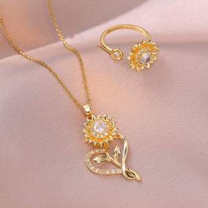 Stainless Steel Jewelry Set Non Fade Rotating Zircon Flower Necklace Earring Ring for Women Clavicle <b>Chain</b> Choker Charm Jewelry - Product Image 1