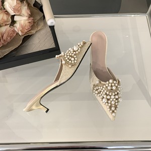 Chaussures sexy pour femmes, mode printemps/automne, élégantes, avec perles, patchwork de cristaux, à enfiler, talons fins, pantoufles, nouvelle collection 2023, 35-39 - Product Image 5