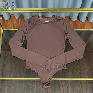 SUHE OEM ODM Sweet Casual Smooth Stretch Chiffon Seamless Gothic Regular Fit Knee Long Sleeve Crew Neck Snap Crotch Solid Womens - Product Image 5