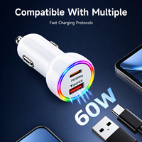 Chargeur de voiture USB C 60W PD 30W GaN à charge rapide, adaptateur d'alimentation pour véhicules pour téléphones mobiles