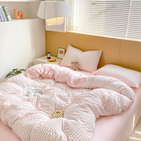 Parure de lit 4 pièces moderne à rayures, qualité supérieure, taille Super King, housse de couette en coton lavé élastique, drap plat, taie d'oreiller