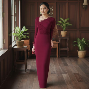 Robe de soirée vintage modeste Kebaya en fibre de polyester écologique avec embellissement en dentelle, sans repassage, en crêpe Cey floral, tendance Raya 2025 - Product Image 1