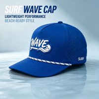 Casquette de golf unisexe de performance pour la plage et le surf, bleue, à séchage rapide, respirante, avec trous découpés au laser et logo en caoutchouc 3D en forme de vague