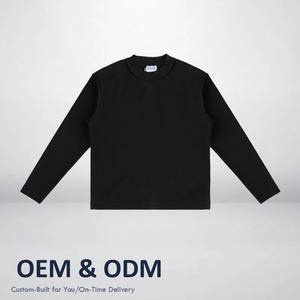 Camiseta de manga larga para hombre de algodón 100% 500g de peso pesado negro sólido acanalado estilo americano Casual tamaño pequeño escote suelto grueso - Product Image 1