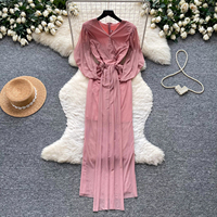 Robe longue élégante d'été pour femme, col en V, manches lanternes, taille cintrée, coupe trapèze, en maille, pour le quotidien