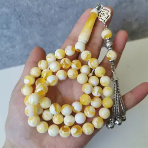Islamic Tasbih 33 rosary yellow resin Amber tesbih Silver color Metal tassel Muslim Ramadan Gift arabic Prayer beads