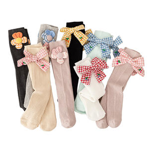 Chaussettes en coton peigné pour filles, style princesse, à double <span class=keywords><strong>aiguille</strong></span>, à carreaux, avec nœud et fleur, sans <span class=keywords><strong>talon</strong></span>, nouvelle collection automne/hiver WZ-381 - Product Image 1
