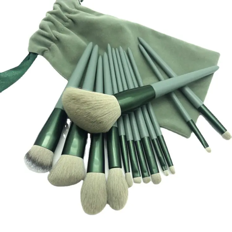 Custom Wholesale Private Label Green 13 pcs makeup brushes professional Tool Soft Manufacturers Makeup Brush Set