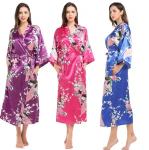Kişiselleştirilmiş kadın kimonosu Elbise Uzun Baskılı Tavuskuşu Çiçek Pijama Ipeksi Cepler ile