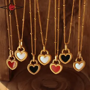 Custom cz 14k Gold Plated Bead Necklace Colorful Naturale Stainless Steel Gold Plated Black Heart Necklace
