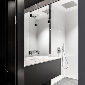 Juego de tocador de baño moderno hotel de lujo para Montaje en pared de madera maciza con gabinete de MDF de piedra artificial de color negro inteligente - Product Image 4