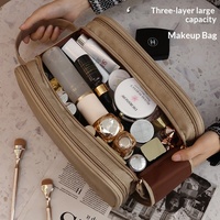 Trousse de Maquillage de Voyage Grande Capacité à Trois Couches avec Fermetures Éclair Doubles en U, Rabat Magnétique, Porte-Pinceaux et Organisateur de Protection en TPU