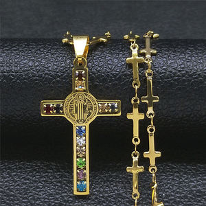 Jesús <span class=keywords><strong>Cruz</strong></span> Benedicto Medalla Colgante Collar Mujeres/Hombres Acero Inoxidable Color Oro Cadena Joyería collar <span class=keywords><strong>Cruz</strong></span> de <span class=keywords><strong>San</strong></span> <span class=keywords><strong>Benito</strong></span> (NL280) - Product Image 1