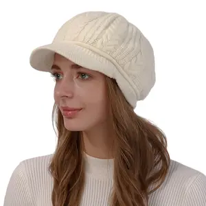 HZM-23389 kış yün örgü sıcak şapka hımbıl jakarlı bere kar kayak kapaklar ile vizör polar astarlı şapkalar kadınlar için