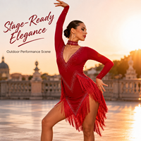 Robe de danse latine rouge pour femmes, manches longues, paillettes, franges, costume de scène, robe de danse de salon, salsa, rumba, avec strass