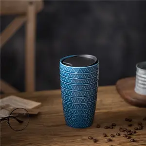 新产品定制彩釉防漏咖啡野营杯旅行杯双壁陶瓷咖啡杯带盖