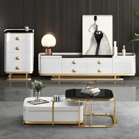 Meuble de salon moderne Meuble TV de luxe Ensemble table basse en bois et acier inoxydable avec dessus en marbre et rangement