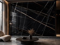 Dalles de marbre noir Sahara Noir avec veinage doré pour comptoirs de cuisine, tables à manger, meubles-lavabos de salle de bain et panneaux muraux en bois lamellé-collé