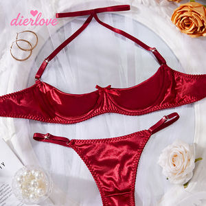Ensemble de Lingerie Érotique en Soie Satinée pour Femme, Soutien-Gorge 1/4 Bonnet Non Doublé et Culotte, Col Halter avec Nœud Décoratif, Vente en Gros - Product Image 1