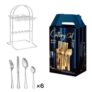 Silverware Set For Wedding Party Kitchen Flatware 24Pcs Cutlery Set With Rack Holder