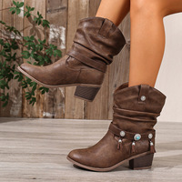 Bottes de cowboy western mi-mollet à talon épais avec sangles, pampilles ornées de pierres, fermeture à enfiler, grande taille, pour femme, rehaussantes, hiver