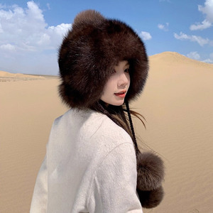 2025 épais chaud élégant doux tricoté fourrure de renard Pom Pom vison chapeau tissé cache-oreilles chapeau Sable fourrure femmes hiver chapeaux avec des cordes - Product Image 2