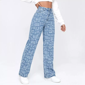 Jeans pour femmes tendance, lettres bleues, streetwear, jambe droite, fermeture éclair, jeans décontractés Mujer - Product Image 4