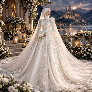Bridal White Ball Gown Wedding Dress High Neck Long Sleeves Cathedral/Royal Train <b>Princess</b> Waistline Floral Embroidery Classic - Product Image 1
