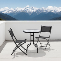Ensemble bistrot pliant 3 pièces pour patio, table ronde en verre ondulé et 2 chaises pliantes en tissu respirant, ensemble de jardin extérieur noir