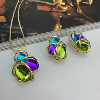 Ensemble de bijoux ovales multicolores en zircon enveloppés de métal, collier et boucles d'oreilles pour femmes, accessoire de luxe rétro KY25154