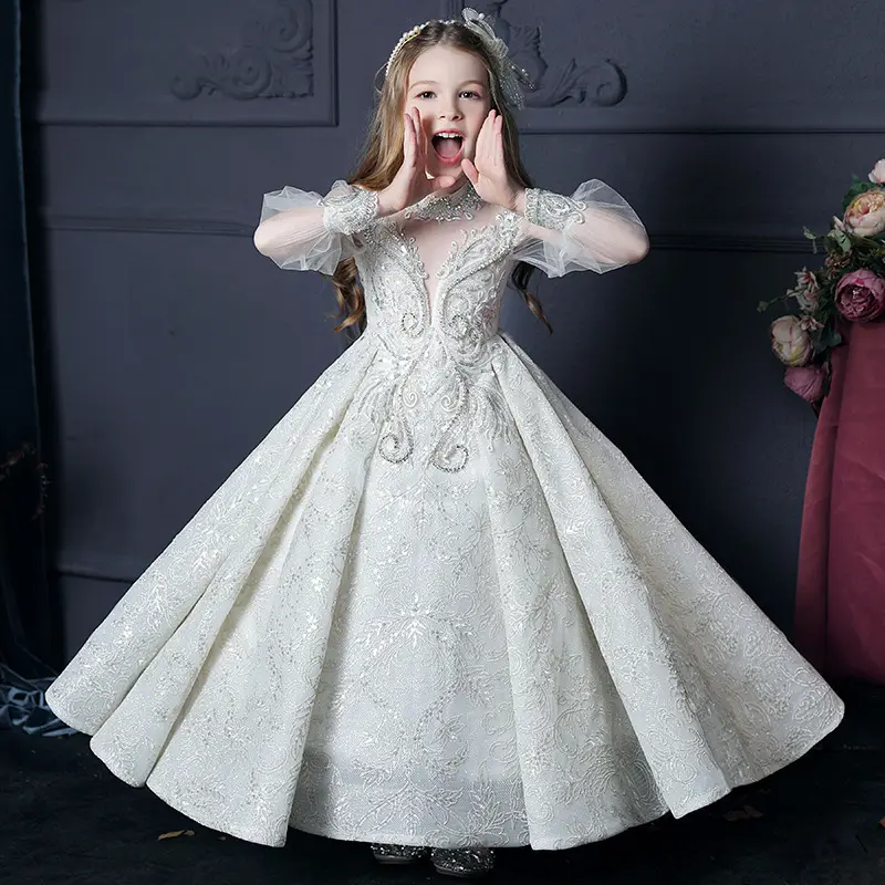 High Quality Embroidery Beaded Bow Kids Clothing Flower Girls Wedding Bridesmaid Dresses White Children Pageant Party Frock