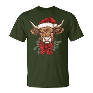 T-shirt avec chapeau de Père Noël pour vache des Highlands, design de vache de Noël avec motif « Mooey » - Product Image 1