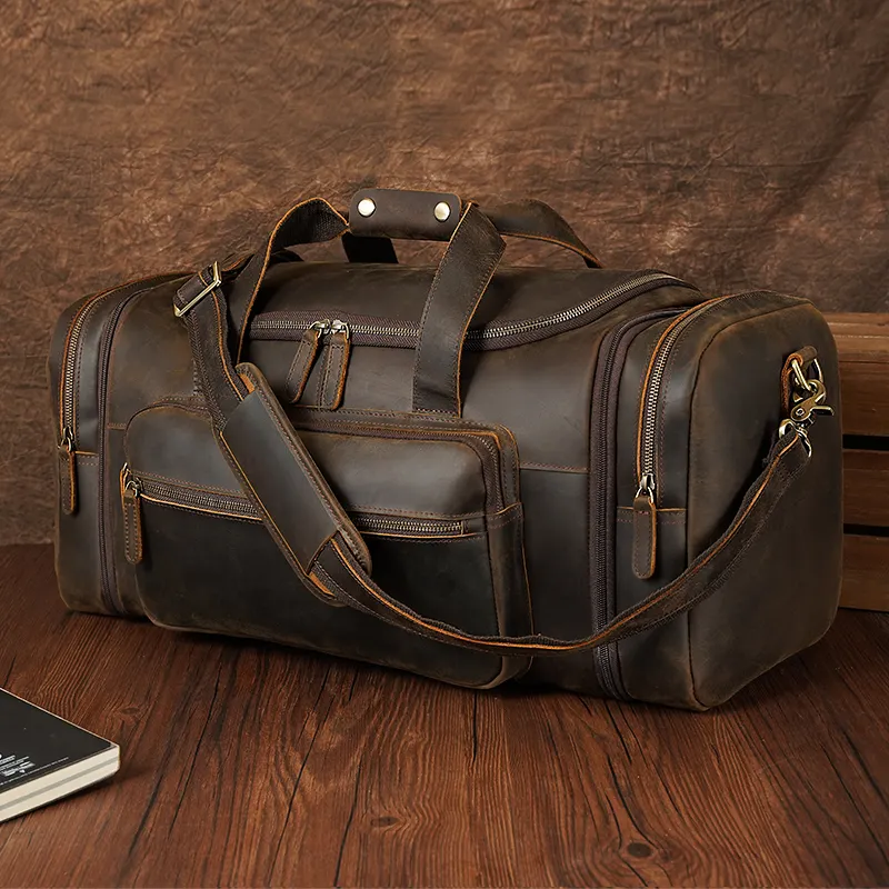 High Quality Vintage Style Retro Large Top Grain Full Genuine Leather Crazy Horse Leather Men Travel Duffle Bag