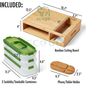 Planche à découper en bambou avec 3 tiroirs Stockage d'aliments avec couvercle hermétique Grande planche à découper entièrement empilable avec rainures à jus - Product Image 5