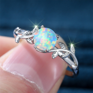 White Opal Round Round Stone <strong>Ring</strong> 925 Sterling <strong>Silver</strong> Leaf <strong>Rings</strong> for Women Vintage Wedding <strong>Band</strong> Bridal Engagement Jewelry Gifts - Product Image 1