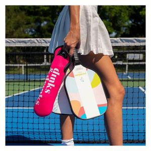 Sac de transport pour bouteilles de vin en néoprène vert et rose, personnalisé, thème Pickleball, « Dink Now Wine Later » - Product Image 1