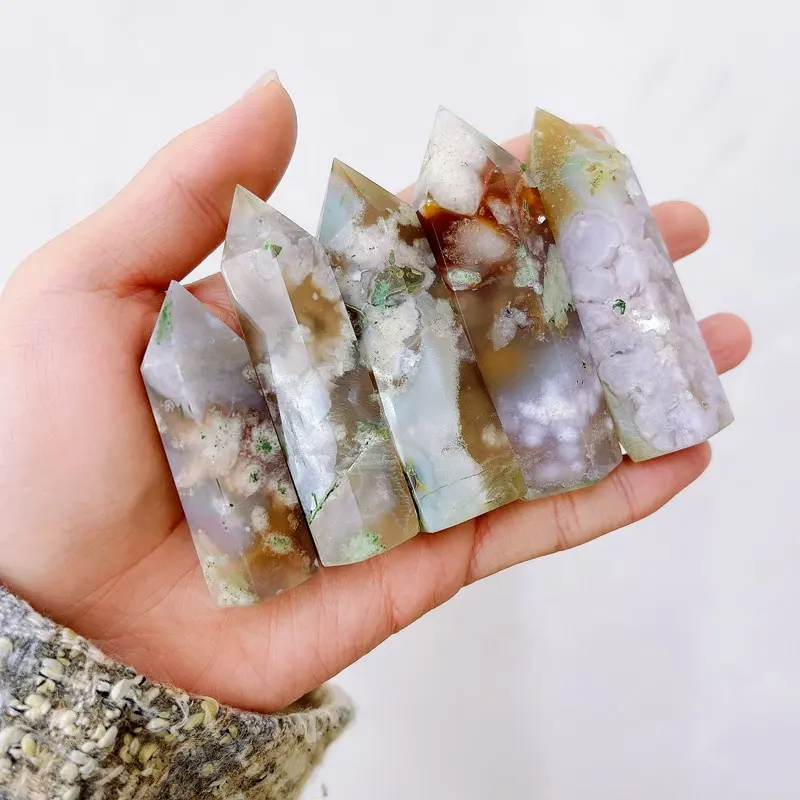 Wholesale Natural crystal green flower agate point polished crystal singing points healing crystal wands for wicca