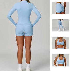 Conjuntos Deportivos de 4 Piezas para Mujer, Personalizados, <span class=keywords><strong>S</strong></span>ólidos, Ligeros, de Cintura Alta Elástica, Transpirables, con Logotipo Frontal, para Gimnasio, Yoga, Pilates y Entrenamiento - Product Image 4