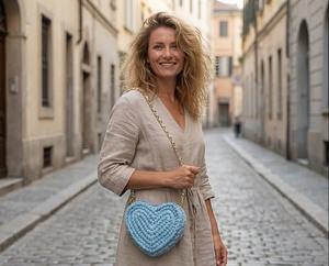 Bolso de Ganchillo con Adorno de Corazón – Bolso de Hombro Boho Azul Cielo Étnico y Elegante con Perlas y Dos Correas, Tejido con Cordón de Algodón - Product Image 5