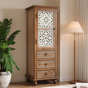 <b>Rustic</b> <b>Wooden</b> Storage Cabinet With Decorative Cutout Door 3 Drawers Tall Narrow Organizer For Living Room Bedroom - Product Image 2