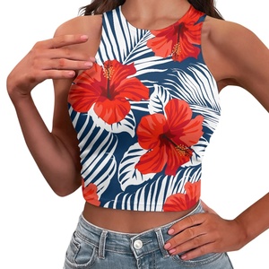 Tops Cortos Deportivos Personalizados para <span class=keywords><strong>Mujer</strong></span>, Estilo Vintage Hawaiano con Estampado de Flores Rojas, Venta al Por Mayor, Económicos, Ajustados, para Fitness y Ejercicio - Product Image 2