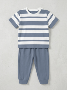 Ensemble 2 pièces en coton rayé pour bébés garçons, t-shirt et pantalon de survêtement à manches courtes, col rond, tenue d'été décontractée avec imprimé cheval - Product Image 4