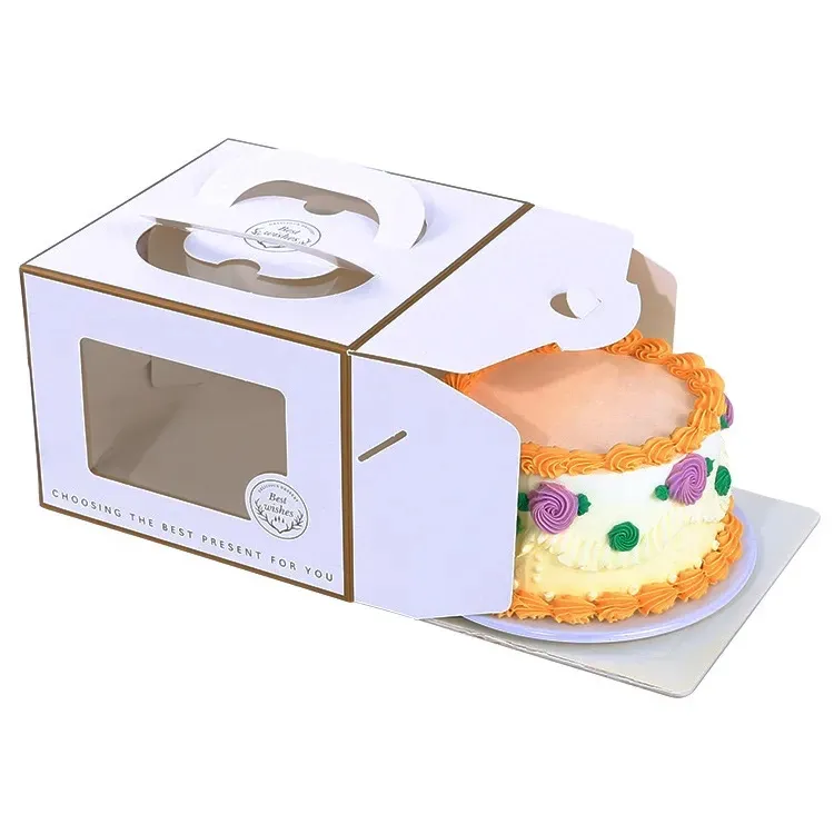 Caixa de transporte para bolo de queijo tamanho impresso personalizado, caixa para embalagem de bolo de aniversário com alça, papel kraft, janela, caixas para cupcake