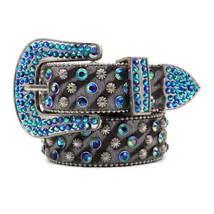 Handmade Peacock Blue Rhinestone Inlaid Buckle Zebra-stripe Horse Hair Men Belt