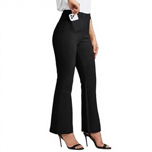 Pantalones Elegantes de Cintura Alta para Mujer, Color Negro Sólido, Satinados, Cierre de Cremallera, Corte Regular, para Otoño, con Bolsillos - Product Image 3