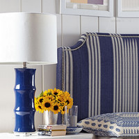 Lampe de lecture décorative LED pour salon, chambre à coucher, lampe de bureau bleue en forme de bambou, base en céramique, abat-jour en tissu, lampe de table